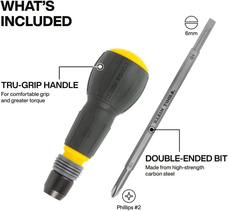 Klein Tools 32960A Fastbit Tru-Grip Screwdriver, Ball-Style Handle with Quick-Release Collar, #2 Phillips and 6 mm Slotted Double-Ended Bit, 1/4-Inch Bit Compatible - Image 2